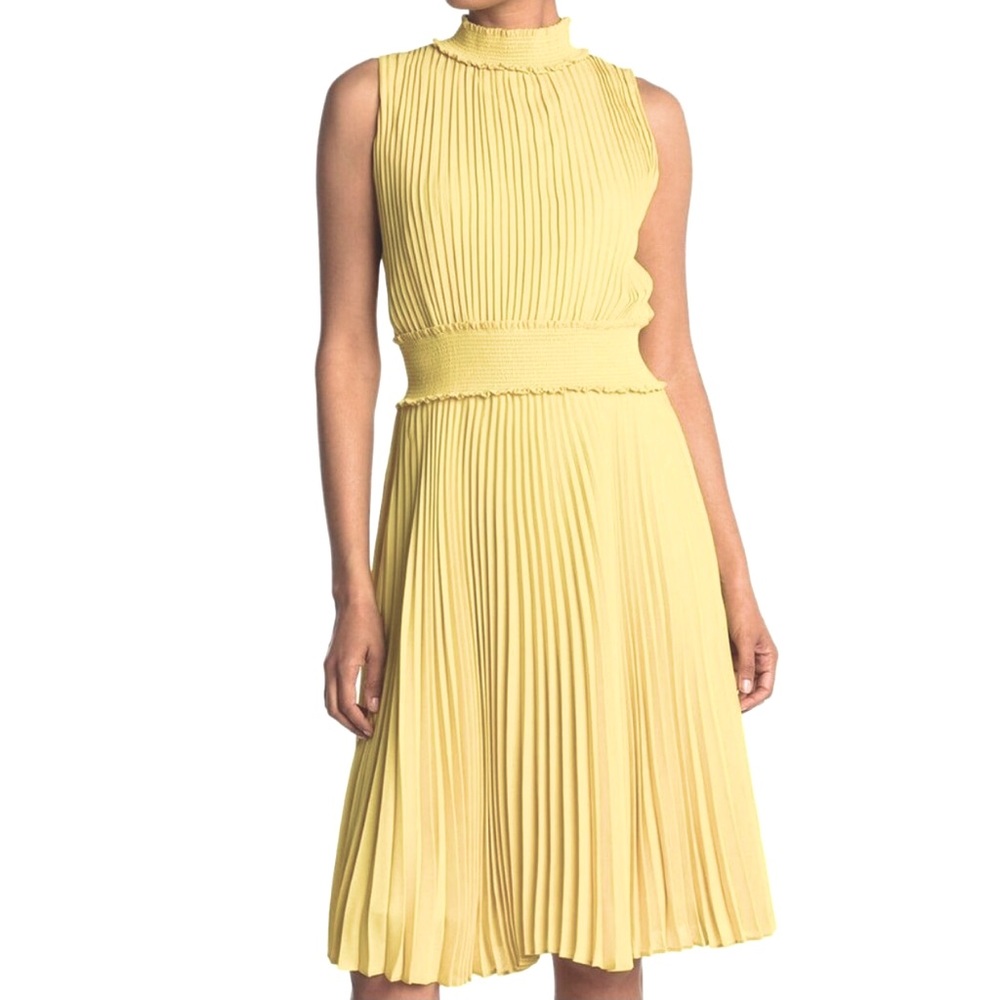 NWT Nannette Lepore High Neck Pleated Midi Dress Yellow